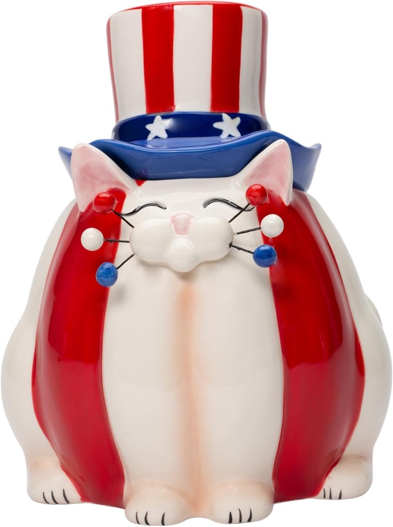Fine Ceramic Red White & Blue Patriotic Whisker Cat Candy Box Jar by Amy Lacombe, 6-1/2" H