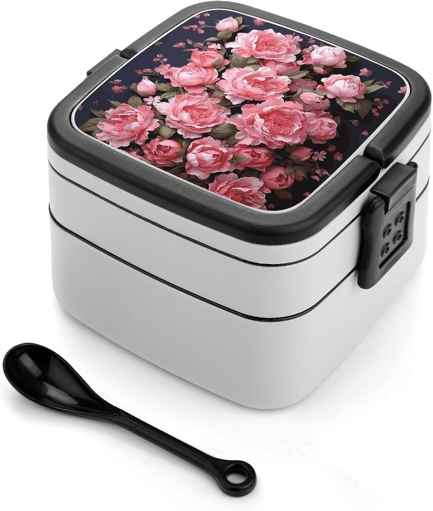 Peony Flowers Bento Box with Spoon, 2-layer Stackable Lunch Box Leak Proof with Invisible Handle, Insulated Food Storage for Office, Picnic & Travel