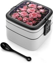 Peony Flowers Bento Box with Spoon, 2-layer Stackable Lunch Box Leak Proof with Invisible Handle, Insulated Food Storage for Office, Picnic & Travel