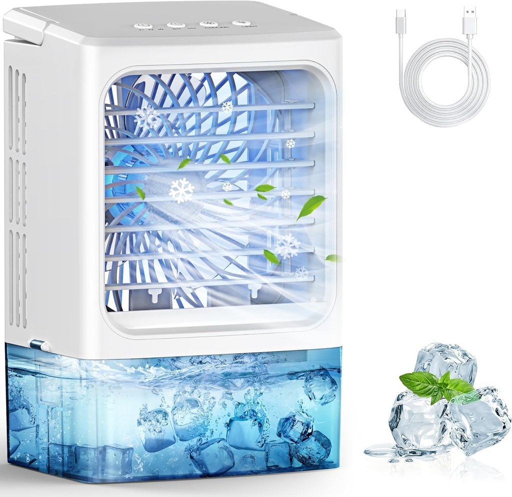 Mini Air Conditioner,Portable Air Conditioners,Evaporative Air Cooler Humidifier, 3 Speed Quiet Personal Cooling Fan, 7-Color LED Night Light, 4/8H Timer for Bedroom, Office, Camping, Car (White)