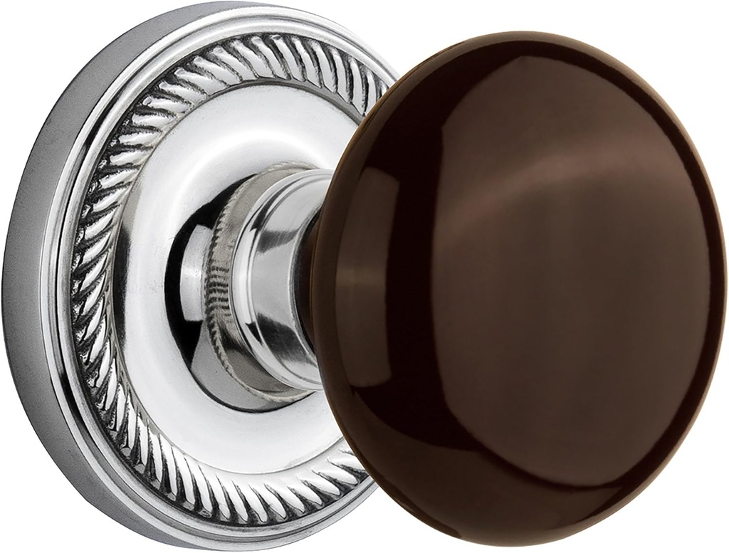 Nostalgic Warehouse Rope Rosette with Brown Porcelain Knob, Single Dummy, Bright Chrome