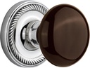 Nostalgic Warehouse Rope Rosette with Brown Porcelain Knob, Single Dummy, Bright Chrome