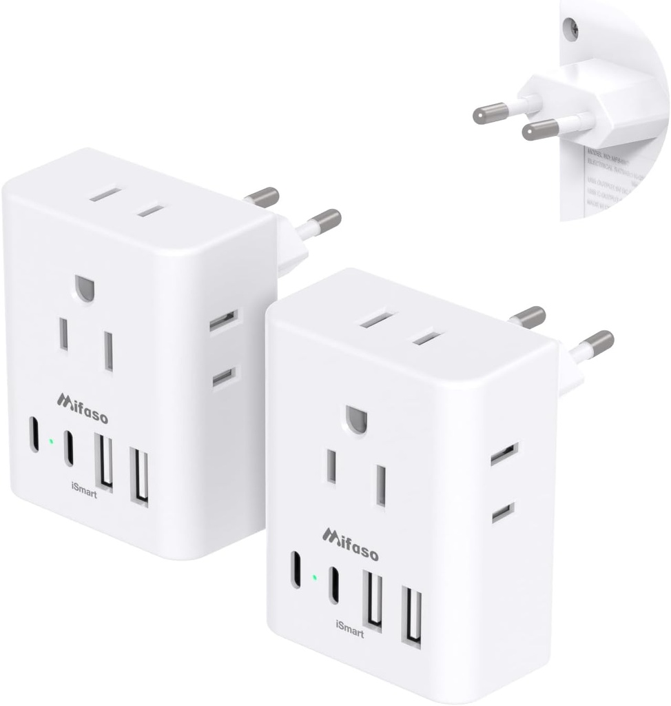 2 Pack European Travel Plug Adapter, International Power Adapter with 4 Outlets 4 USB C Ports (2 USB C), Type C Adapter for US to Most of Europe EU Italy Spain Greece Portugal France Germany