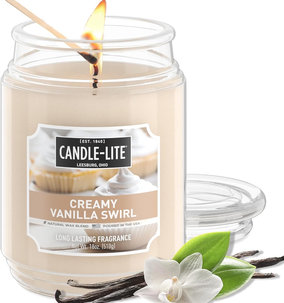 Candle-lite Fall Scented Candles, Creamy Vanilla Swirl, 18 oz Jar, Proudly Poured in The USA, Aromatherapy Candle, Single-Wick with 110 Hours of Burn Time, Perfect for Creating a Relaxing Ambiance