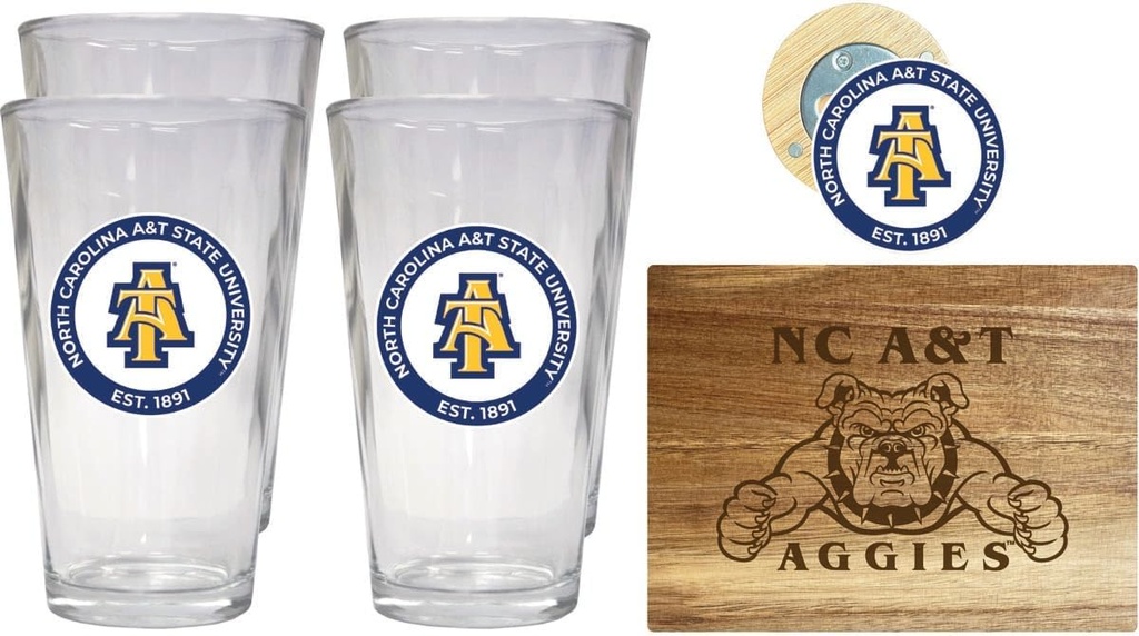R and R Imports North Carolina A&T State Aggies Officially Licensed Kitchen Pack - Wood Cutting Board, 4 Pint Glasses & Magnetic Bottle Opener