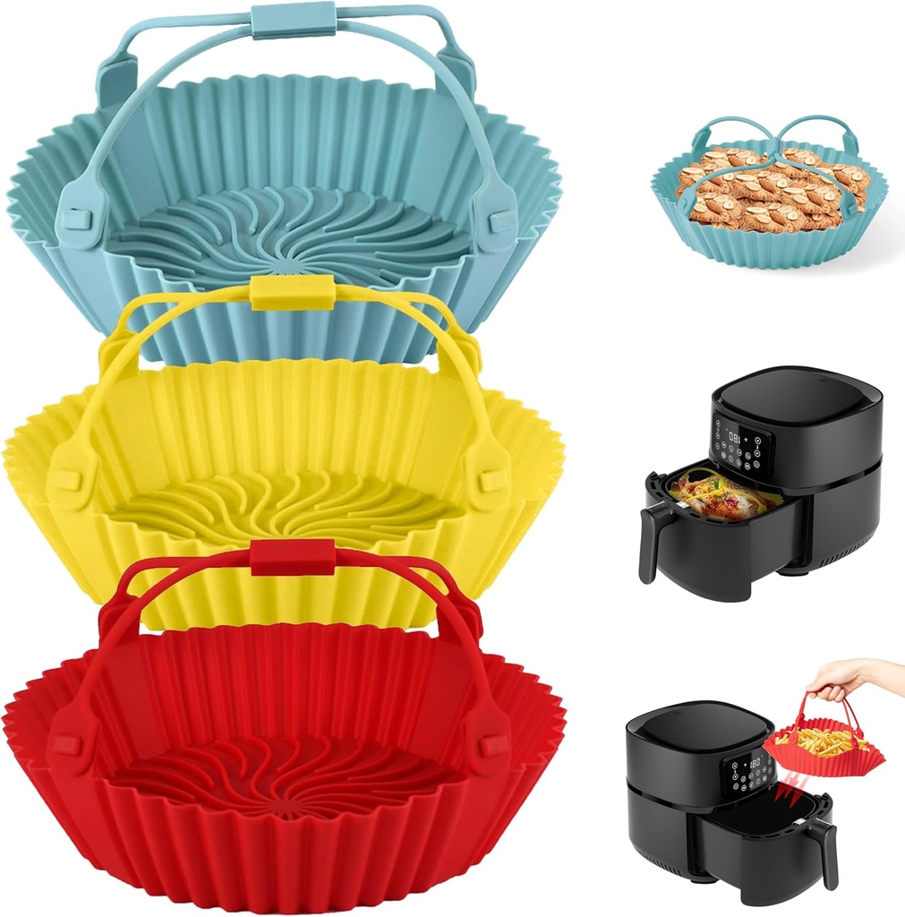 Silicone Airfryer Liners Round - 3 Pack Reusable Air Fryer Basket Accessories for 3 to 5 QT with Detachable Handle, Nonstick Baking Tray Oven Pots for Replace Parchment Paper (Red Blue Yellow)