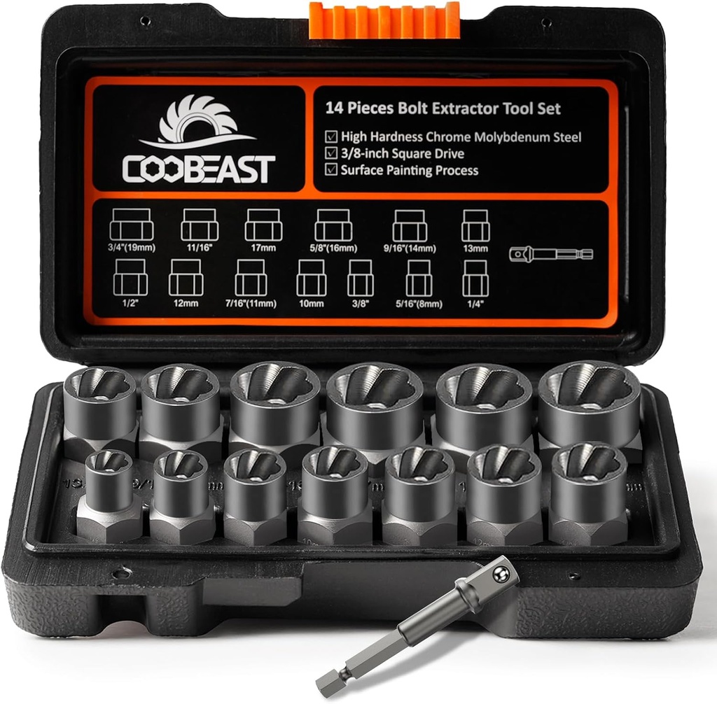 Bolt Extractor Set Heavy Duty, 13Pcs Bolt Extractor Kit with 3/8 Inch Adapter, Stripped Lug Nut Remover, Easy Out Bolt Remover Set for Rusted, Rounded, Damaged Nuts Screws