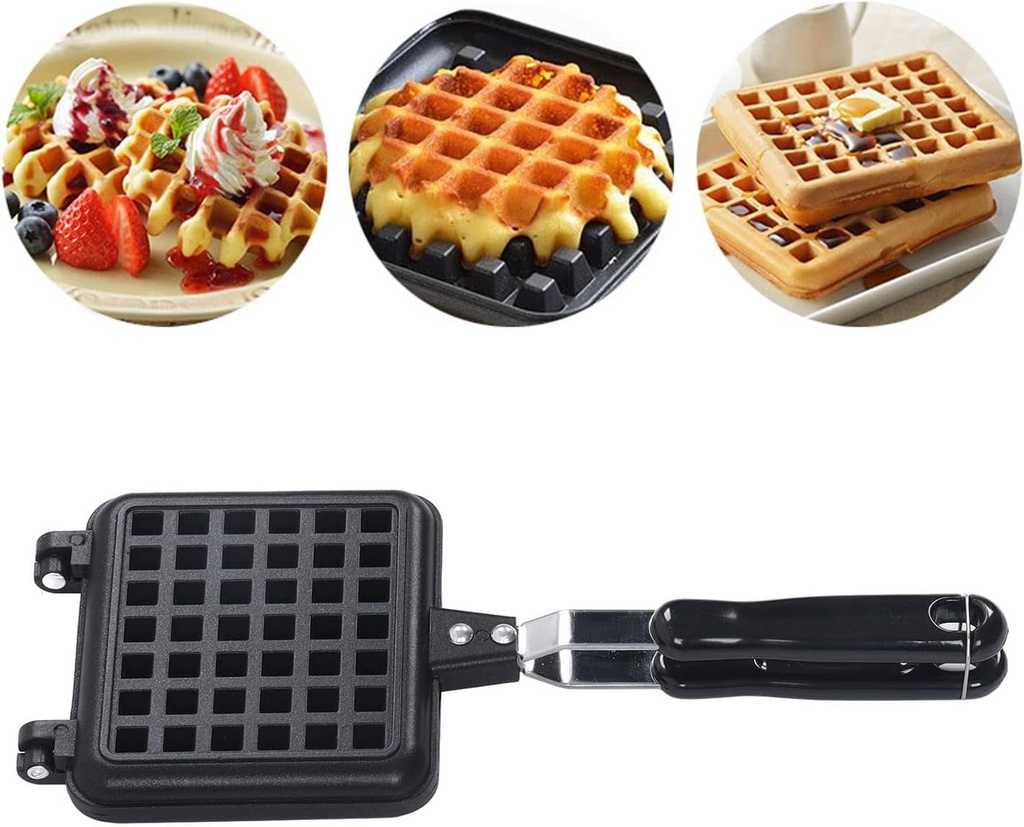 Square Waffle Pan, Non Stick Aluminum Alloy Waffle Maker Pan, Dual Handles, 13.8x5.7in, 20.5oz, Baking Accessory with Hanging Hole and Buckle