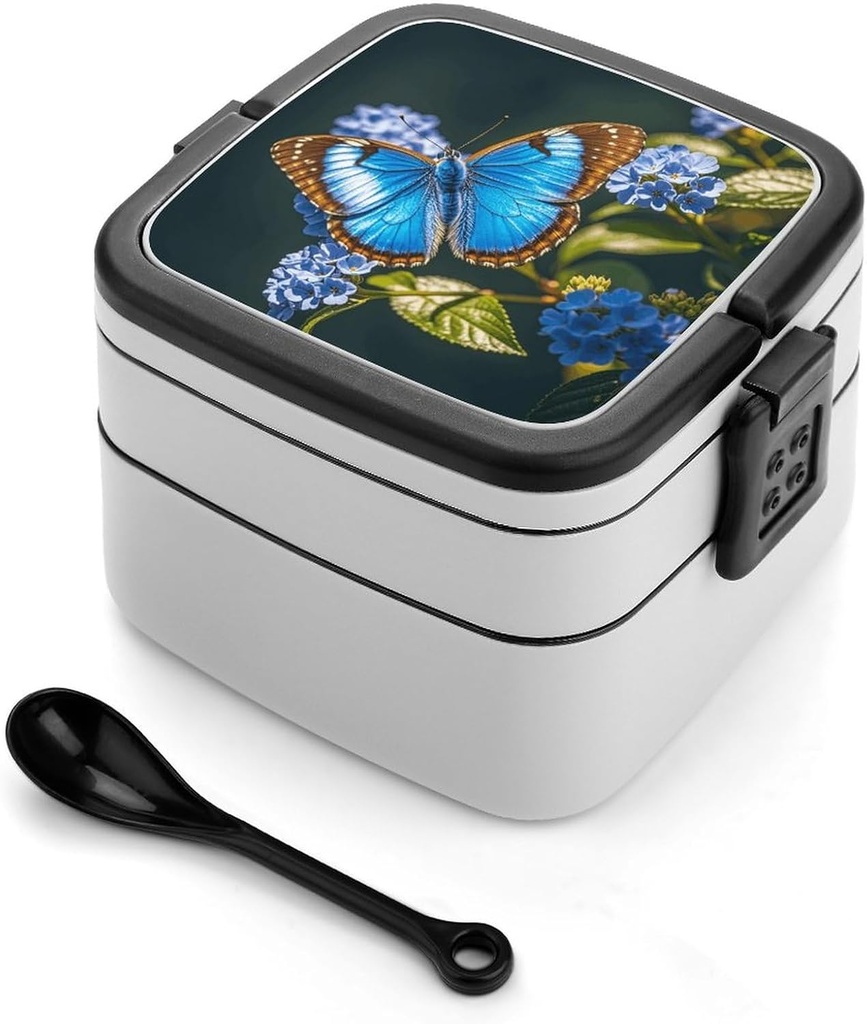 Blue Butterfly Bento Box Double Layer Lunch Box for Adults with Spoon And Handle Stackable Lunchbox Leakproof Lunch Container for Work Picnic Travel