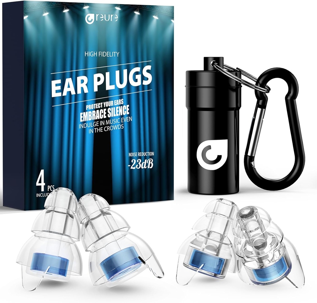 High Fidelity Concert Ear Plugs, Noise Cancelling Silicone Ear Plugs 2 Pairs Great for Concerts Loud Music, Musicians, Motorcycles, Airplanes, Raves, Hearing Protection -23 dB