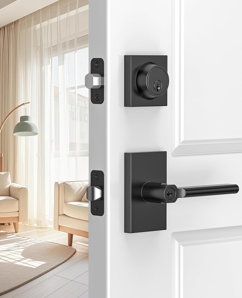 Entry Lever Front Door Handle and Single Cylinder Deadbolt, Keyed Alike Lockset with Double Lock for Right and Left Sided Door, Heavy Duty Exterior Door Lock Set, Matte Black