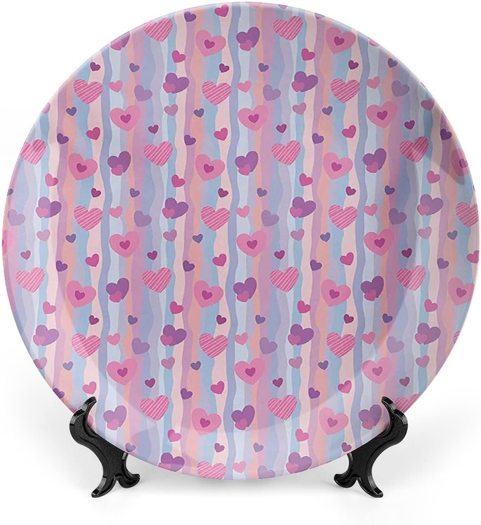 10 Inch Decorative Plate,Love Tableware Plate, Hearts for Valentine Vertical Stripes Lines Ornament Print Ornament Display Plate for Dining Table Setting, Wedding Reception Decor, Christmas Tablescape