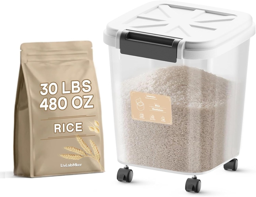 LivLab Mker Rice Dispenser - 30Lbs Airtight food storage container with lids,cereal flour storage container with wheels, flour bin rice organizer (15KG)