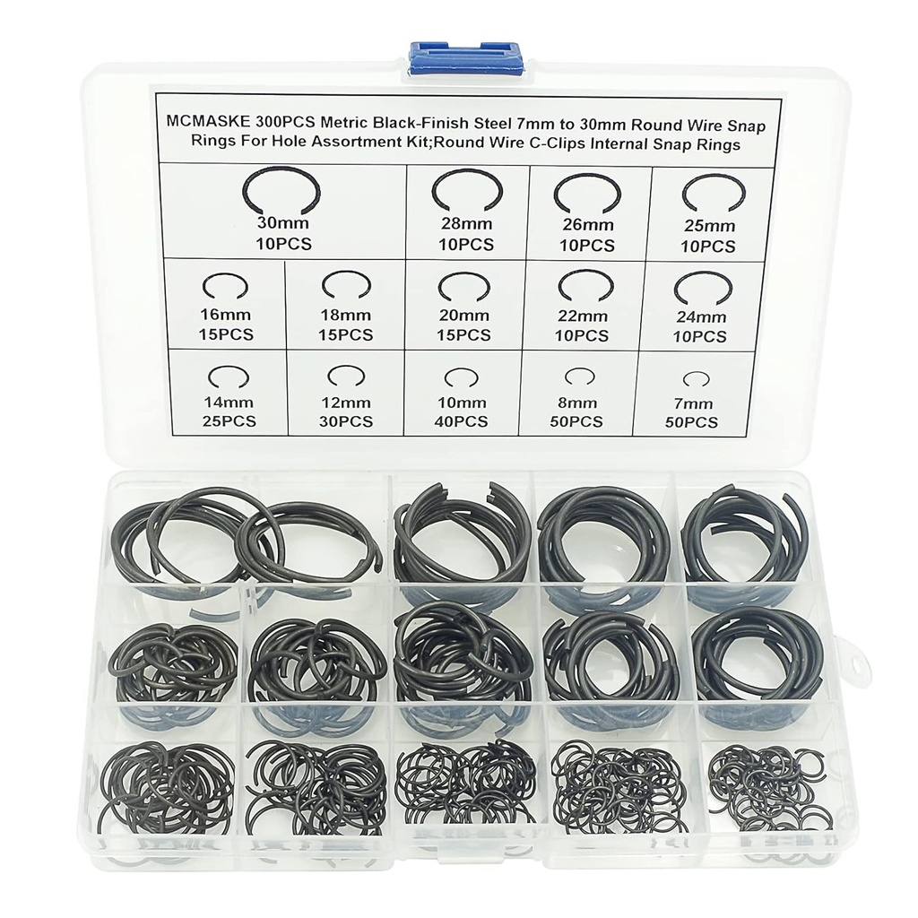 300PCS Metric 7mm to 30mm Round Wire C-Clips Internal Snap Rings Assortment Kit;Round Wire Snap Rings for Hole(Black-Finish Steel)