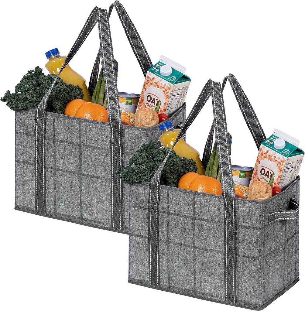 VENO 2 Pack 8 Gallon Reusable Grocery Bags, Extra Large Shopping Bags for groceries, Utility Tote with Handles and Hard Bottom, Foldable Cart Organizer, Water Resistant, Heavy-Duty (Windowpane)