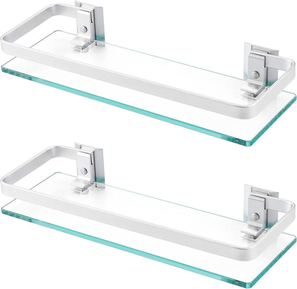 KES Glass Shelves for Bathroom, Floating Tempered Glass Shelves 14 Inch Aluminum Extra Thick 2 Pack Rectangular Storage Organizer Wall Mount Silver, A4126A-P2