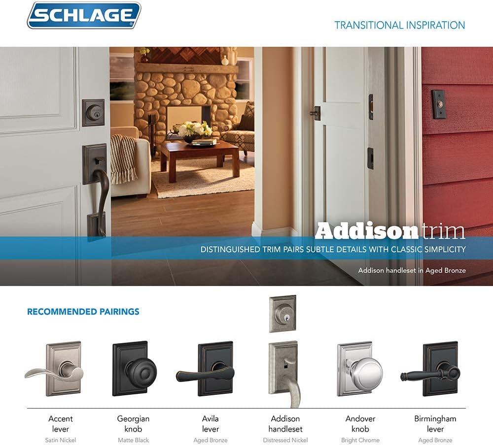 Schlage F40-VLA-ADD Avila Privacy Door Lever Set with Decorative Addison Trim, Aged Bronze