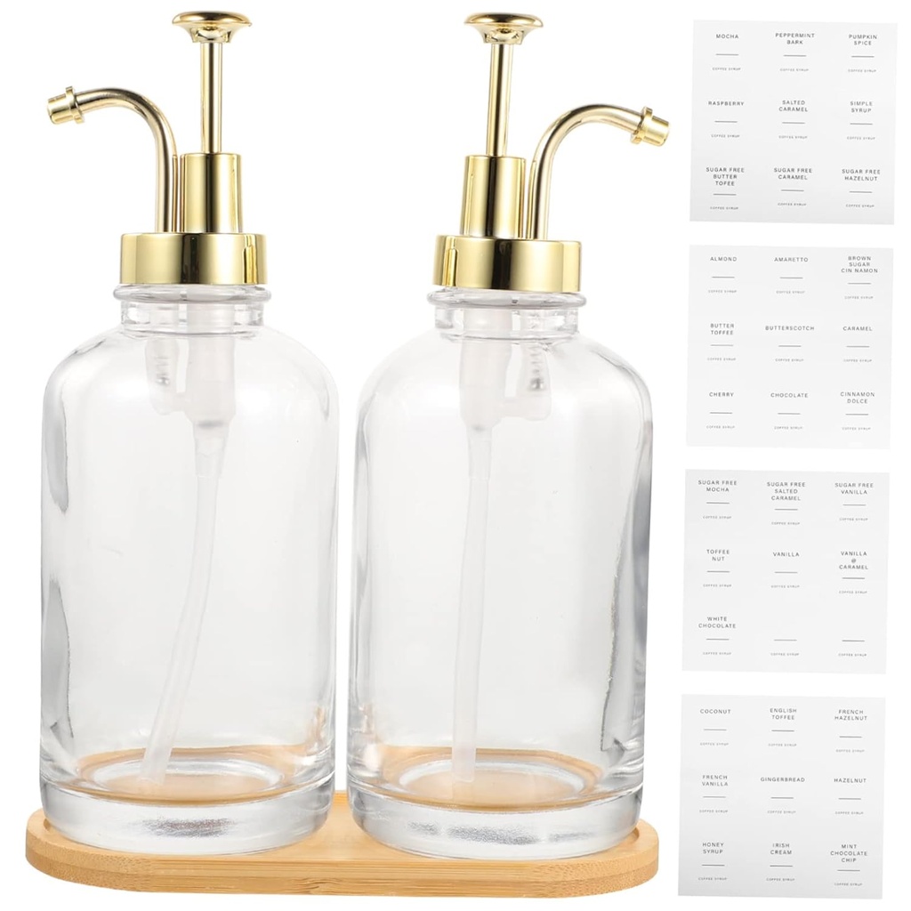 Angoily Glass Syrup Dispenser Decorative Pump Bottle for Coffee Station Accessories Honey and Juice Storage Compact Design with Protective Lid Gold Bottles with Tray and Stickers