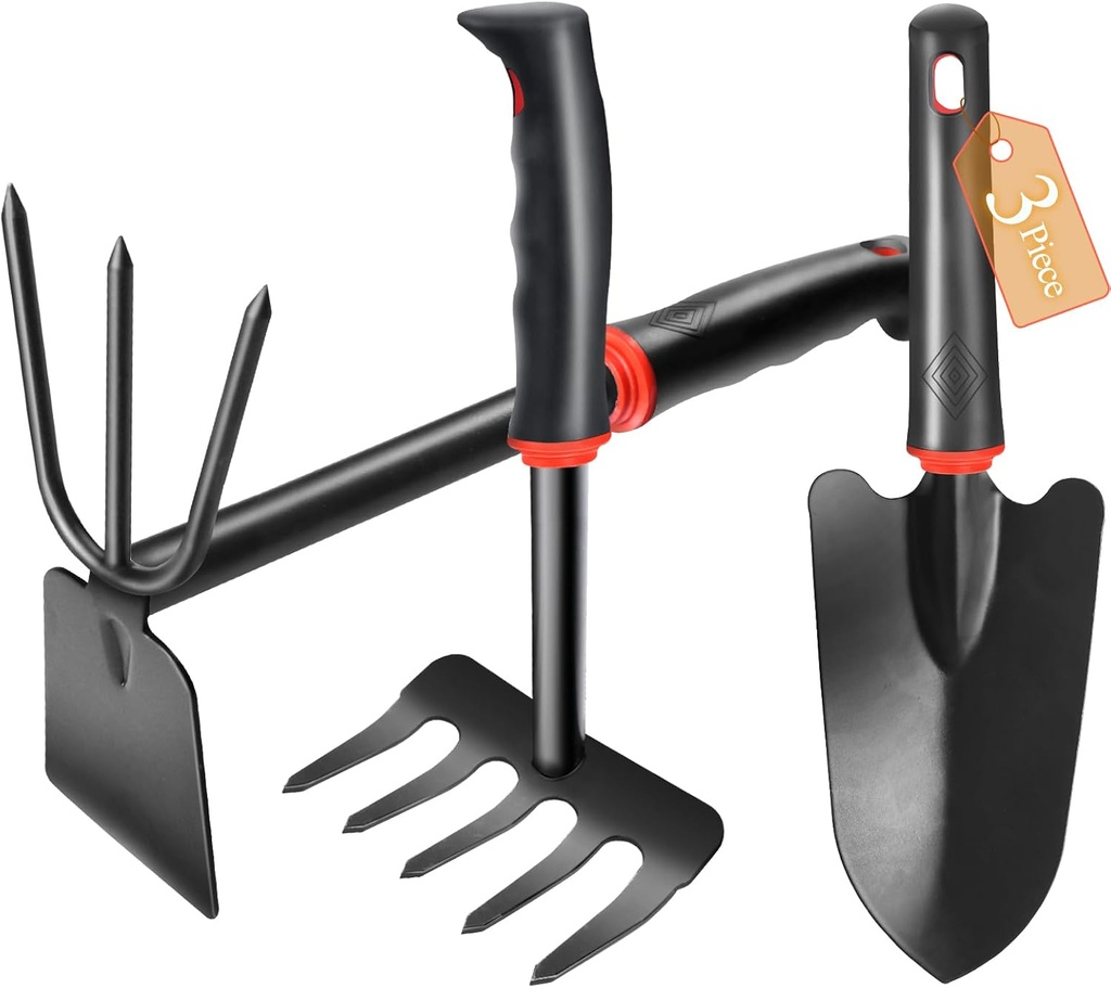 Premium 3-Piece Garden Tool Set - Cultivator, Rake, and Trowel - Heavy Duty, Ergonomic Design Features, includs 2-in-1 Cultivator and Tiller, Outdoor Hand Rake, Garden Trowel, Garden Tools for Weeding