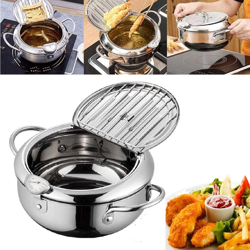 Deep Frying Pan,Temperature Control Fryer,Tempura Fryer Pot,Japanese Style Tempura deep Fryer with Thermometer,Lid and Oil Drip Rack,Nonstick Fryer Pot for Kitchen Cooking 20cm/304