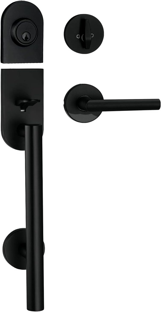 Berlin Modisch HandleSet Front Door Entry Handle and Deadbolt Lock Set Sleek Round Lever and Single Cylinder Deadbolt Heavy Duty - Iron Black Finish