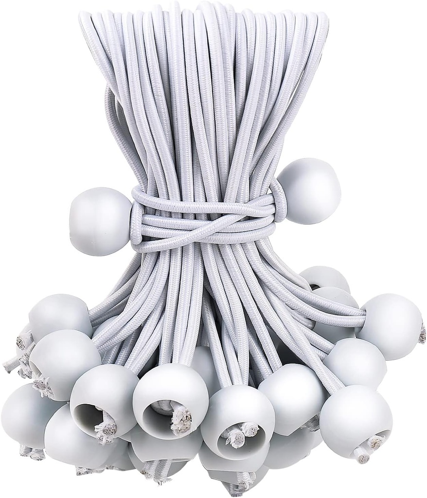 50PCS Mini White Ball Bungee Cords, 4 Inch Heavy Duty Outdoor Bungee Cord with Balls, Tarp Tie Down Bungee Balls for Shelter, Camping, Cargo,Tent Poles UV Resistant