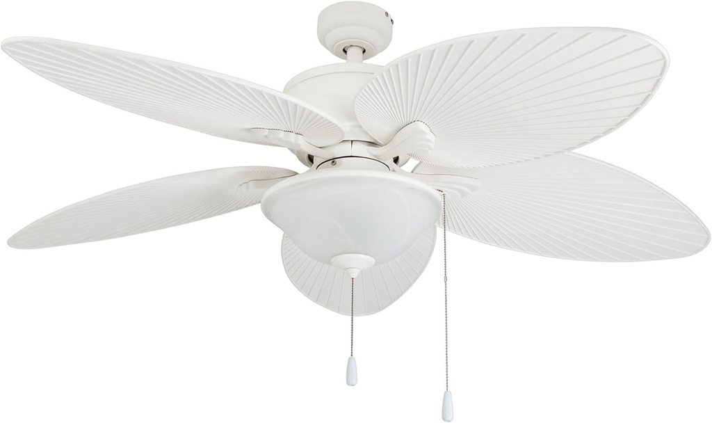 Prominence Home Solana, 52 Inch Tropical Indoor Outdoor Ceiling Fan with Light, Pull Chain, Three Mounting Options, Weather Resistant Palm Leaf Blades - 80018-01 (White)