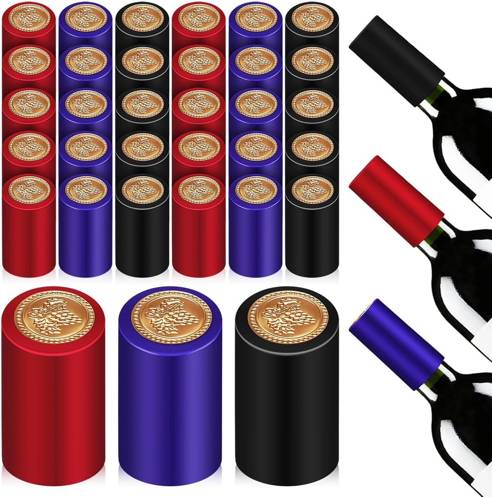 NUOBESTY 150pcs PVC Heat Shrink Capsules, 3 Colors Wine Shrink Wine Bottle Shrink Caps Wine Bottle Corks Capsules Bottle Shrink Top Cover for Wine Cellars Home