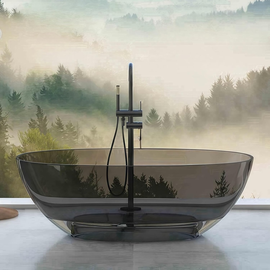Modern Clear Freestanding Bathtub - Beautiful and Colorful Freestanding Bathtub, Oval Soaking Tub With Overflow and Drain for Modern Bathroom (Gray, 67"L x 31"W x 22"H)