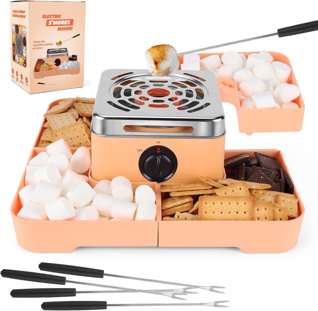 S'mores Maker Tabletop Indoor Kit, Flameless Electric S'mores Kit with 4 Roasting Forks & 4 Detachable Trays, Safe & Fun for Kids & Family, Movie Night Supplies, Holiday Party Activity, Peach Color