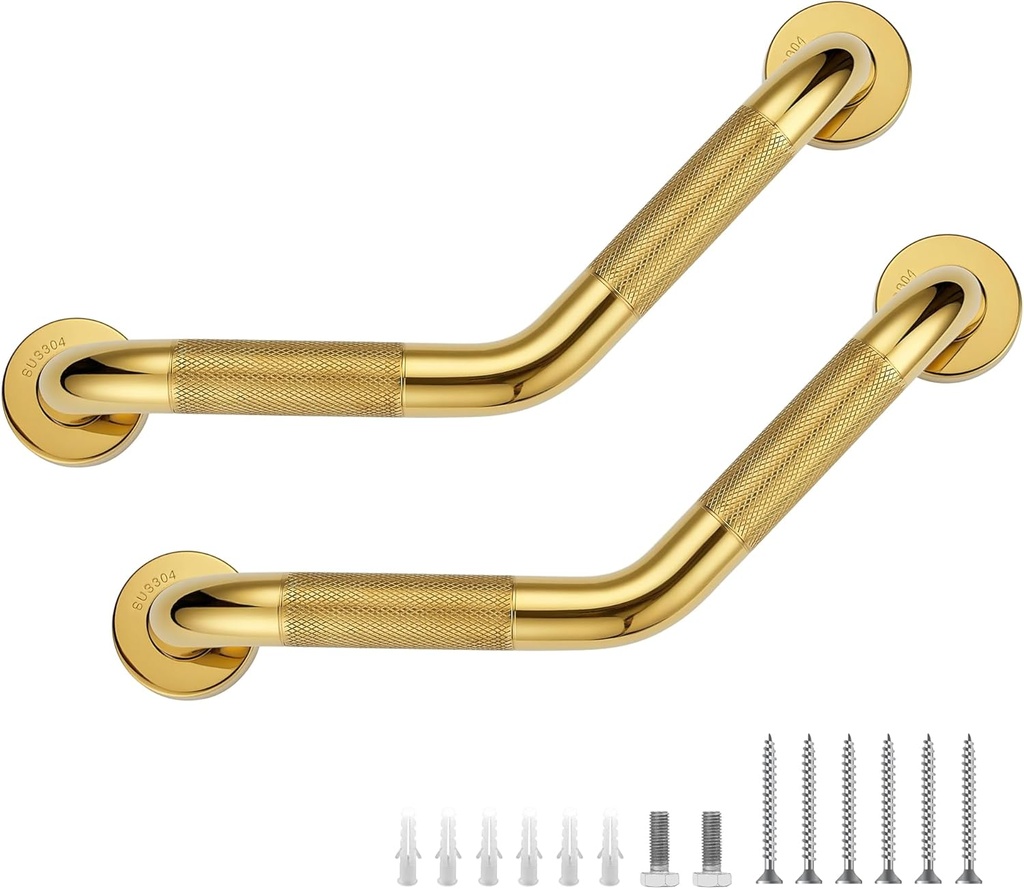 Grab Bars for Bathtubs and Showers- 1-1/4 x 16 Angled Shower Grab Bar for Seniors Knurled Stainless Steel Handicap Grab Bars for Wall (Gold, 2 Pack)