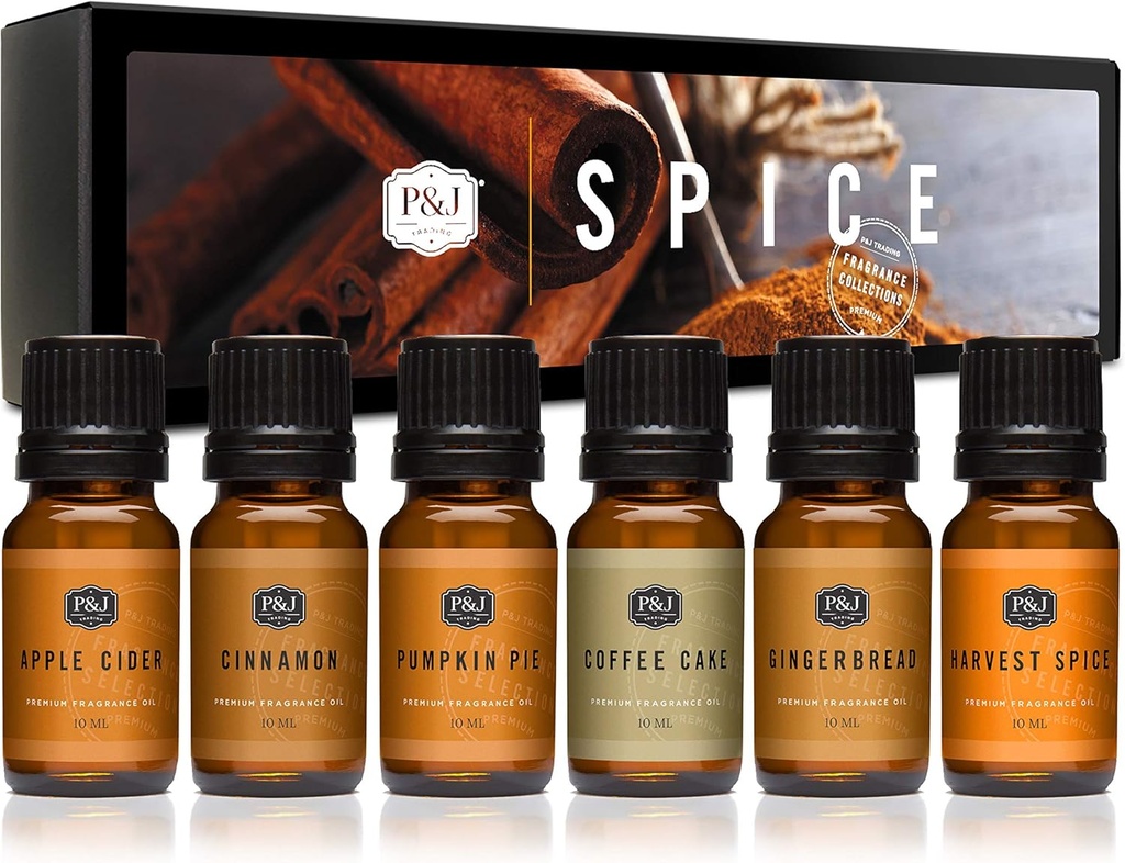 P&J Fragrance Oil Spice Set | Cinnamon, Harvest Spice, Apple Cider, Coffee Cake, Gingerbread, and Pumpkin Pie Candle Scents for Candle Making, Freshie, Soap Making Supplies, Diffuser Oil Scents