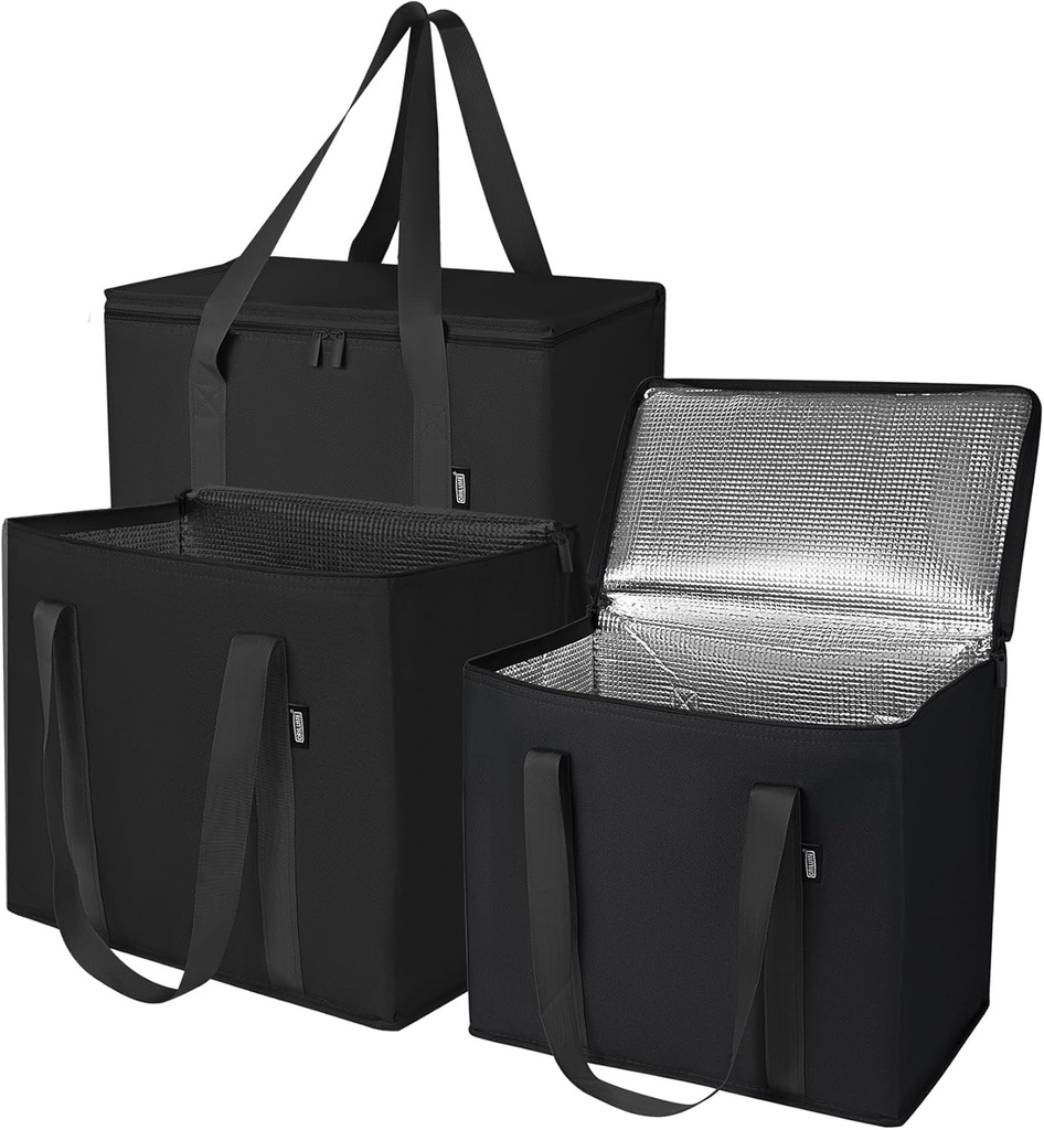 Insulated Grocery Bags with Zippered Top, Oxford Fabric Collapsible Cooler Bag for Frozen Food, Heavy Duty Reusable Shopping Bags Collapsible Thermal Tote for Hot Storage