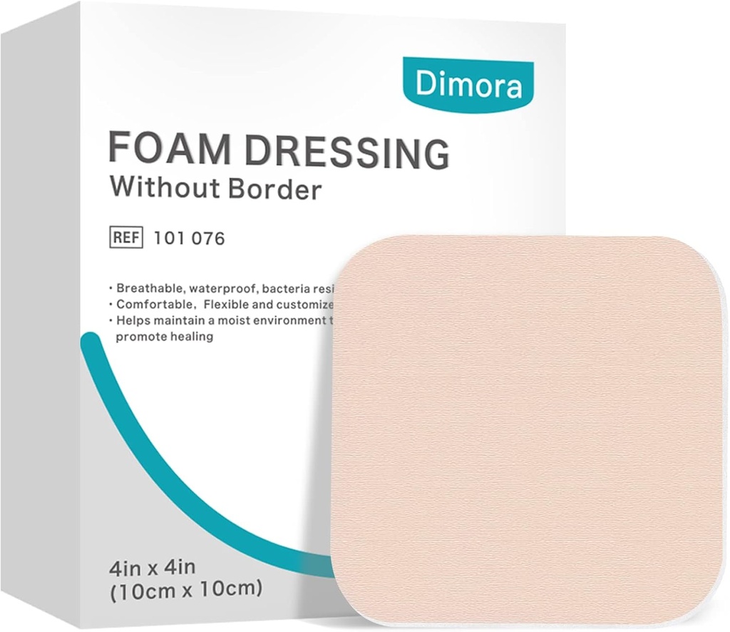 Dimora Foam Dressing, Sterile Non-Adhesive Hydrophilic Pads, Highly Absorbent 4"x4"(10 cm*10 cm) Pack of 10 Square Waterproof Dressing for Wound Care