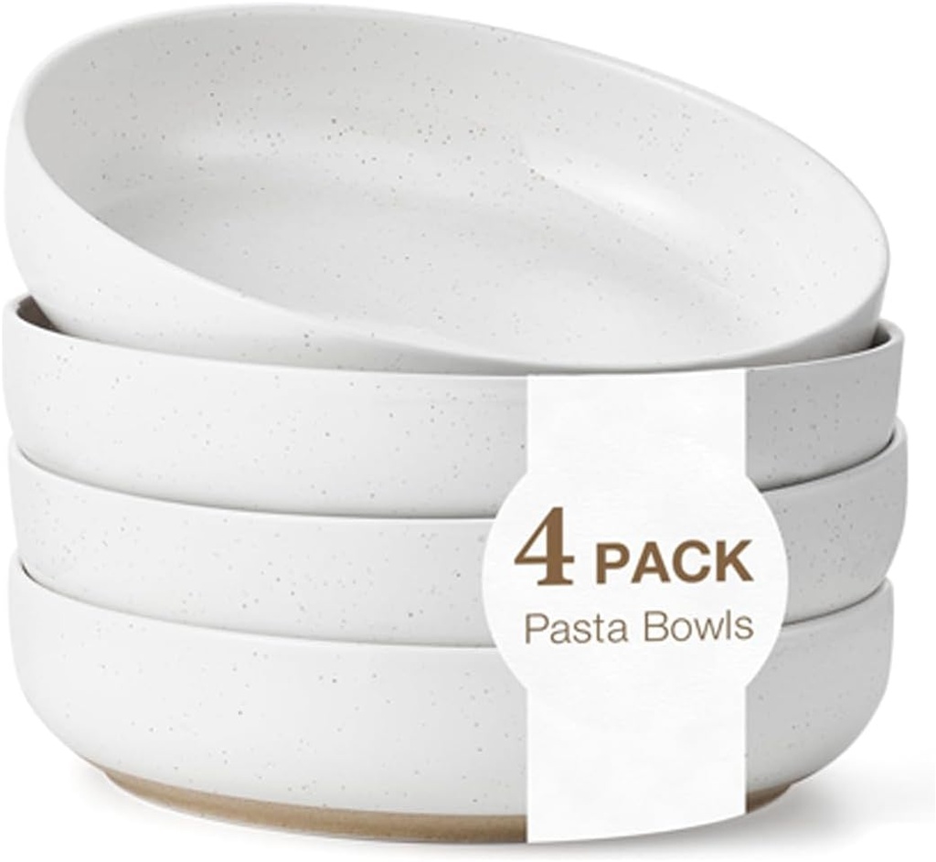 8.3" Pasta Bowls Set of 4, 34 oz Ceramic Salad Bowls, White Serving Plate, Wide and Shallow Bowl for for Fruits, Noodle, Dinner, Housewarming Wedding Christmas Dishwasher and Microwave Safe