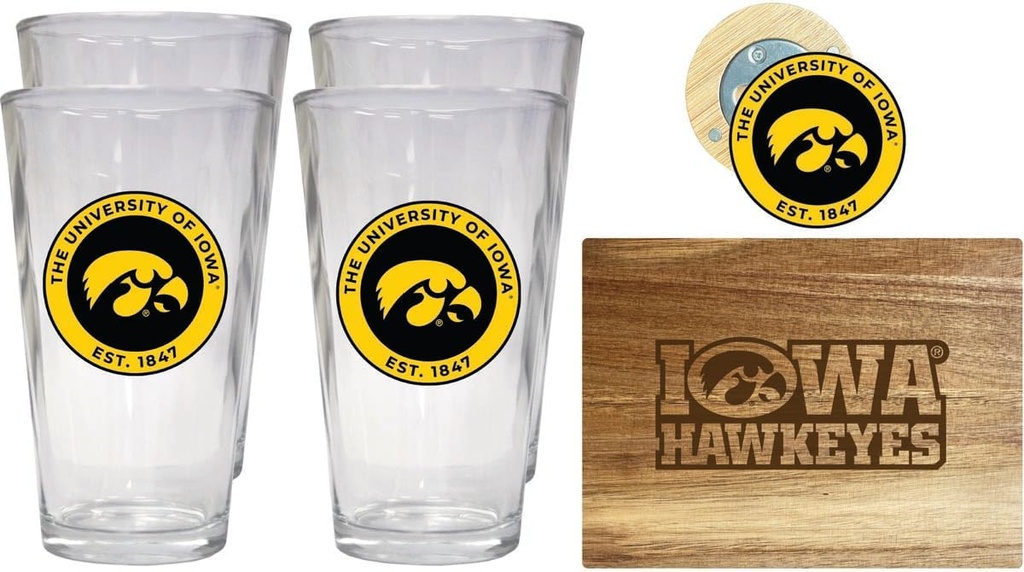 R and R Imports Iowa Hawkeyes Officially Licensed Kitchen Pack - Wood Cutting Board, 4 Pint Glasses & Magnetic Bottle Opener