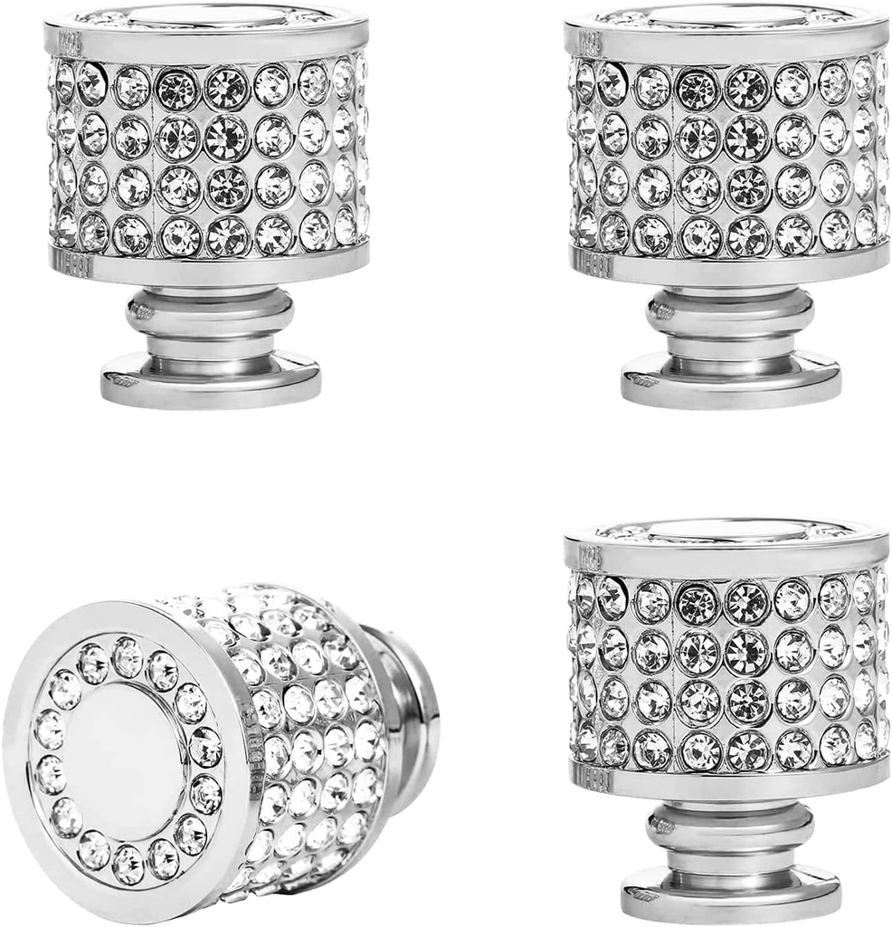MOROBOR Rhinestone Drawer Knob, 4pcs Zinc Alloy Silver Cabinet Knobs Imitation Diamond Wardrobe Door knobs Round for Kitchen Bathroom Drawer