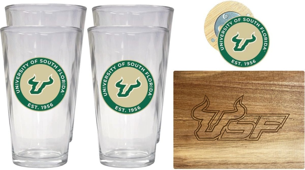 R and R Imports South Florida Bulls Officially Licensed Kitchen Pack - Wood Cutting Board, 4 Pint Glasses & Magnetic Bottle Opener