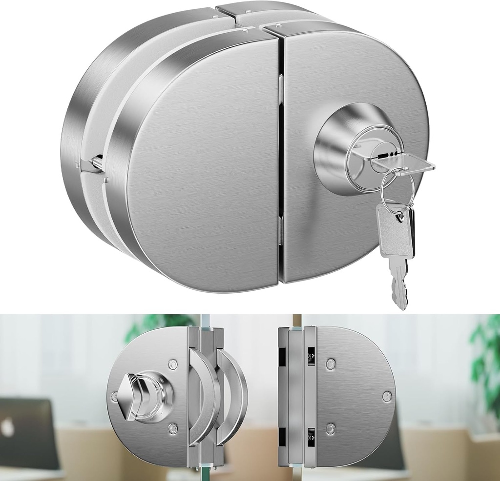 Ranbo Frameless Double-Sided Glass Door Lock,Clamp-On No-Drill,304 Stainless Steel,For 3/8"–1/2"(10–12mm) Sliding Door,for Office,Storefront,3 Keys,Brushed Nickel—Double Swing Door Floor Lock Required