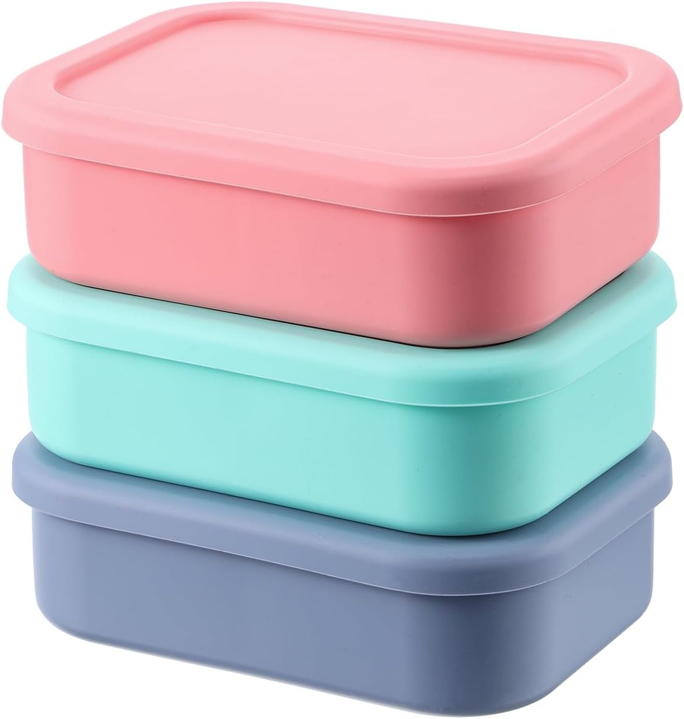 3 Pcs Silicone Bento Box, Reusable 3 Compartment Silicone Bento Lunch Container for Adults, Microwave Dishwasher Freezer Safe (Dark Colors)