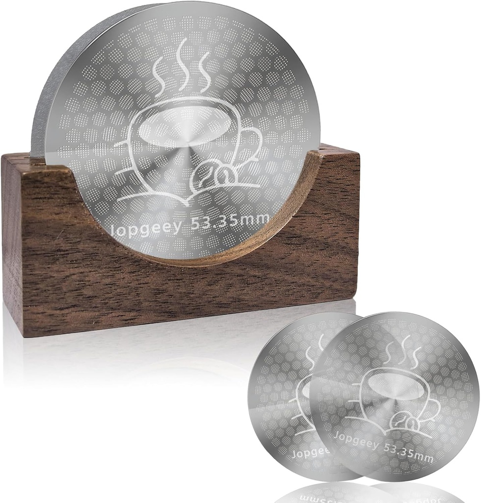 2 Pack 53.35mm Espresso Puck Screen with Stand, 0.9mm 150μm Ultra Thin Reusable Coffee Filter Compatible with Breville Barista 54mm Portafilter Basket, 304 Stainless Steel Espresso Machine Accessories