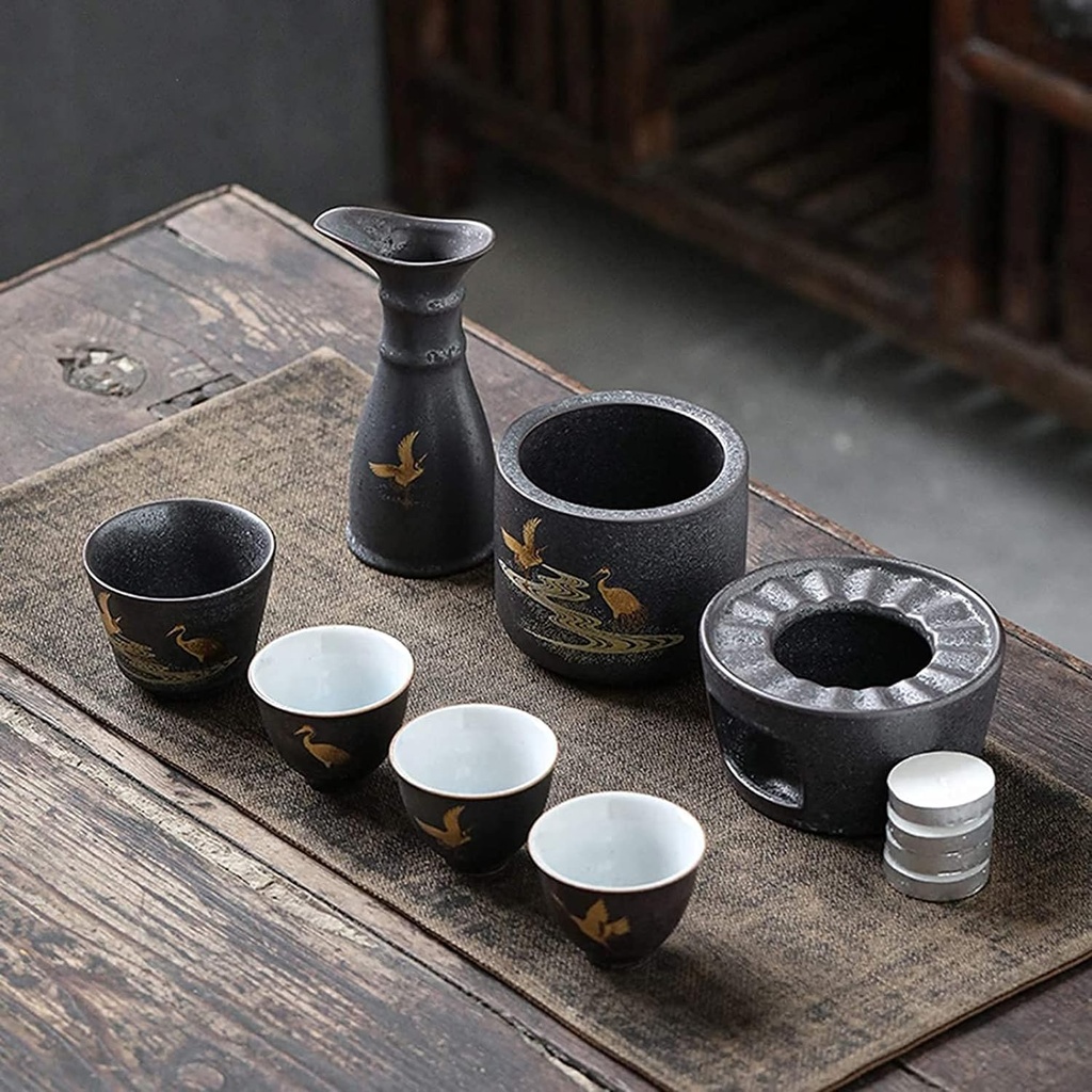 Sake Set and Cups with Warmer Japanese Sake Cup Set 7-Piece with Warm Stoves, for Christmas, Birthdays, and Anniversaries,Golden Leaves