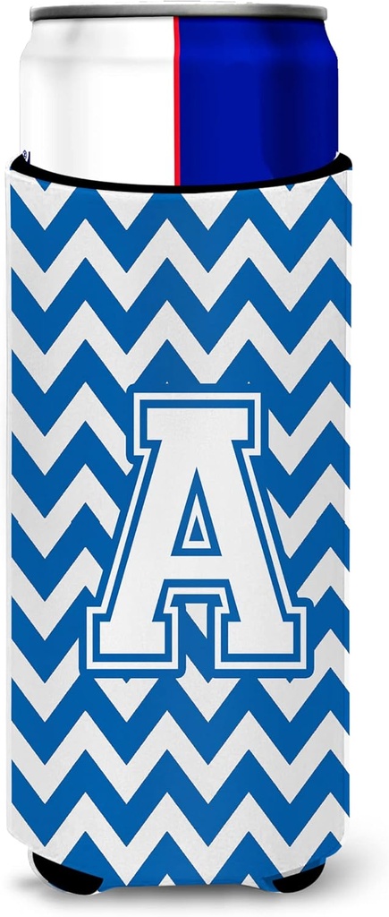 Letter A Chevron Blue and White Ultra Beverage Insulators for slim cans