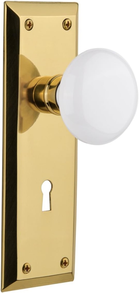 Nostalgic Warehouse New York Plate with Keyhole White Porcelain Knob, Privacy - 2.375", Unlacquered Brass
