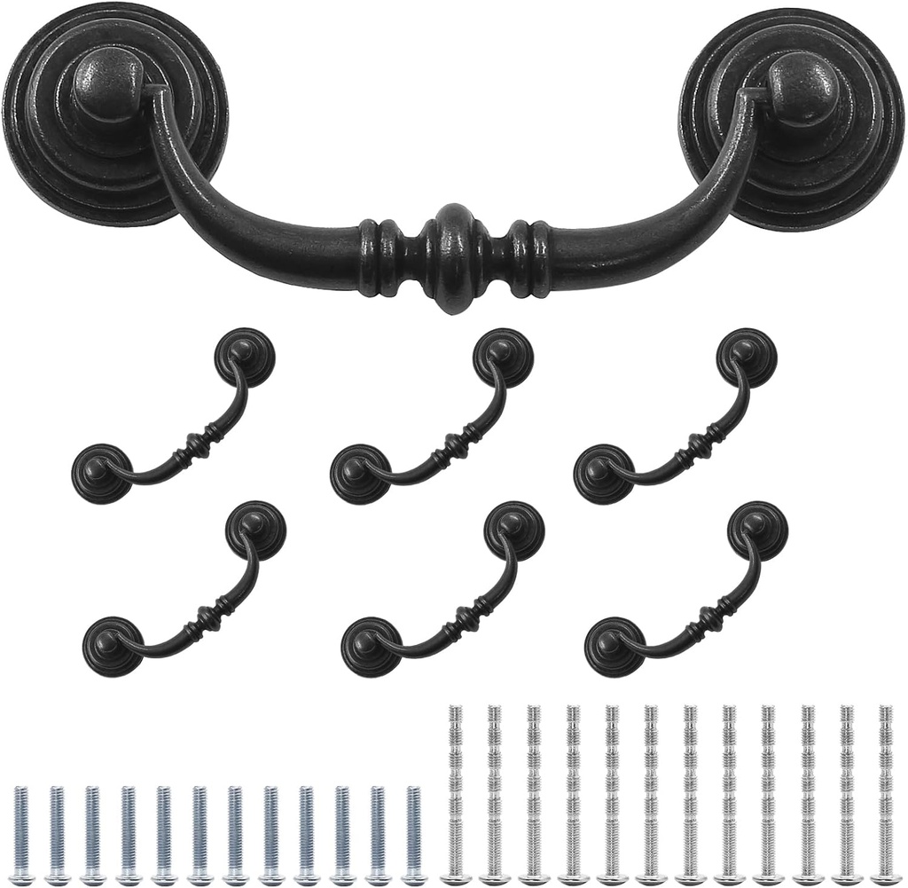 Waziaqoc 6PCS Antique Drop Bail Pulls, 3.5" Hole Center Shabby Chic Drawer Pulls Vintage Black Cabinet Pull Handles for Dresser Cupboard Wardrobe Kitchen Door