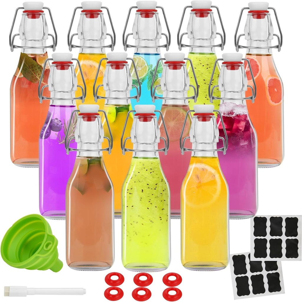 12 Pack 8.5 oz swing top glass bottles,flip top glass bottle with airtight lid for home brewing,kombucha,kefir,vanilla extract,beer,oil,vinegar,homemade juices,soda,beverages,2nd fermentation