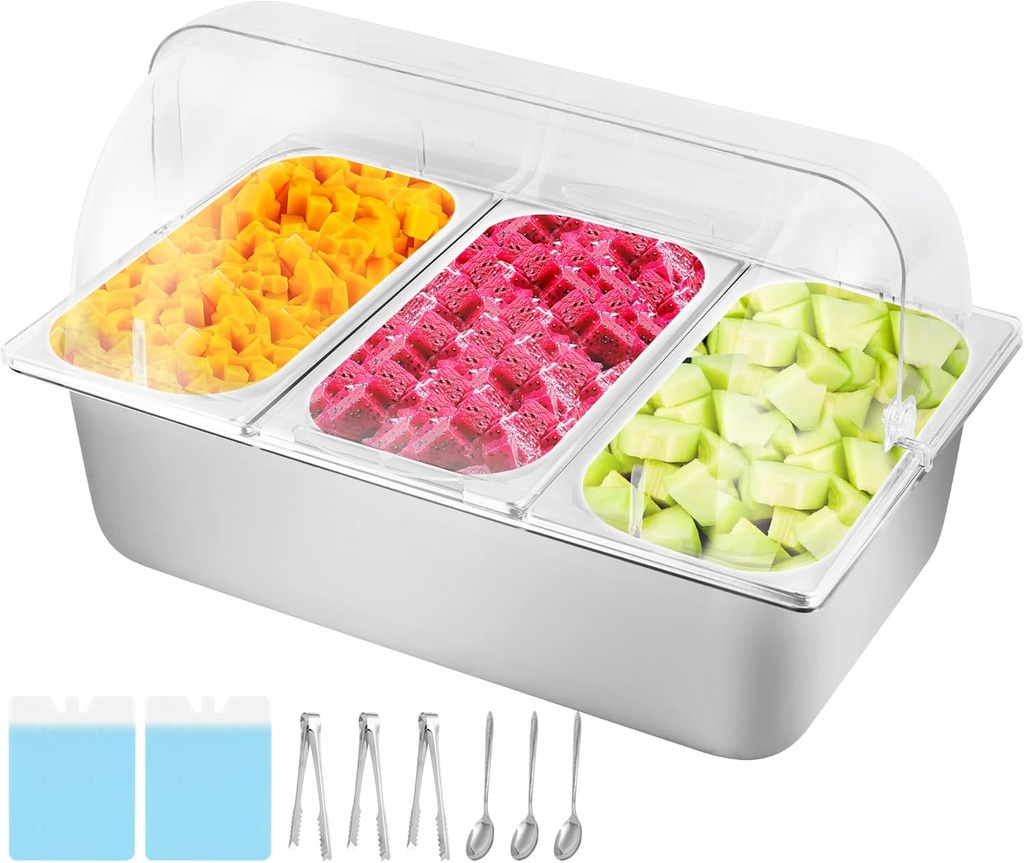 Cold Ice Food Serving Display tray 3 Pans 2 Ice Packs Cooled Condiment Container Dispenser Salad Dressing Cold Serving Buffet Server Cooler Spice Food Display Rack Sauce Organizer for Buffet