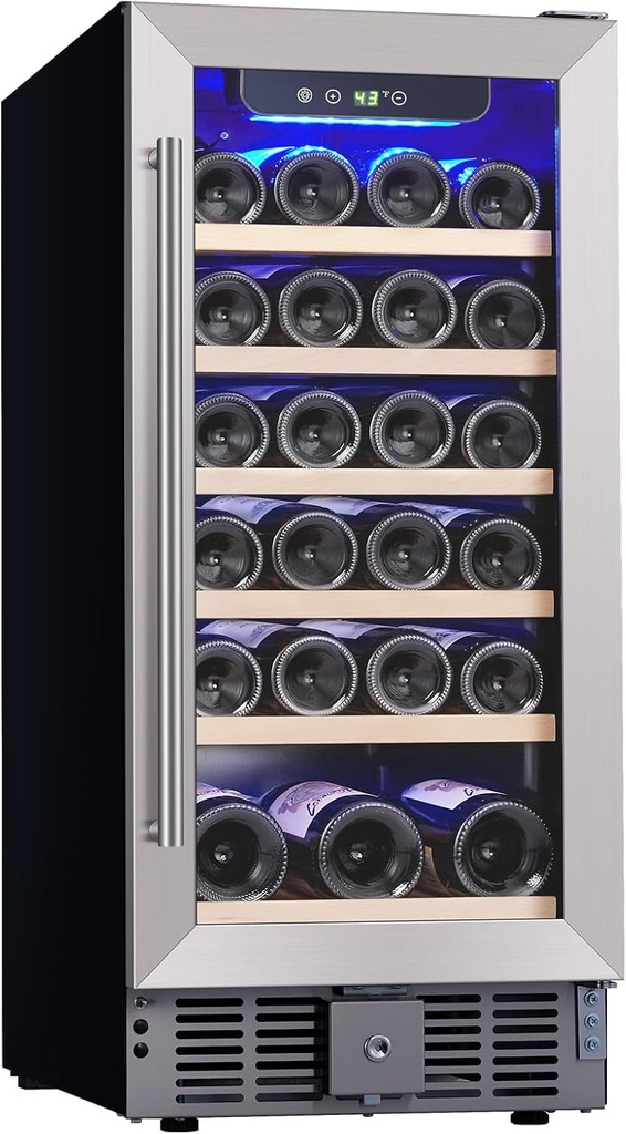 GarveeHome 15 in Wine Fridge Under Counter, 30 Bottles Wine Cooler Refrigerator with 40～60°F Digital Temperature Control, Safety Lock, All Wood Removable Shelves, Stainless Steel+Glass Door