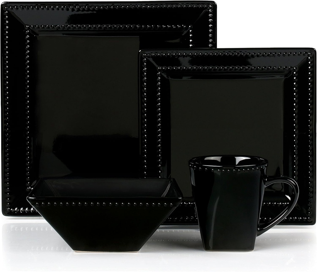 16 Piece Square Beaded Stoneware Dinnerware set by Lorren Home Trends, Black