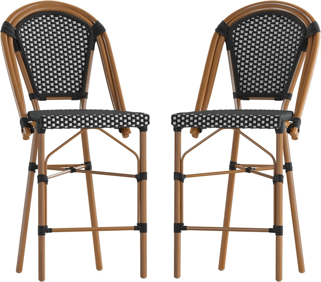 Flash Furniture Bordeaux Commercial Grade Bistro Counter Height Stool, Stackable Indoor/Outdoor Dining Stool, 26" High, Set of 2, Black/White & Natural Finish